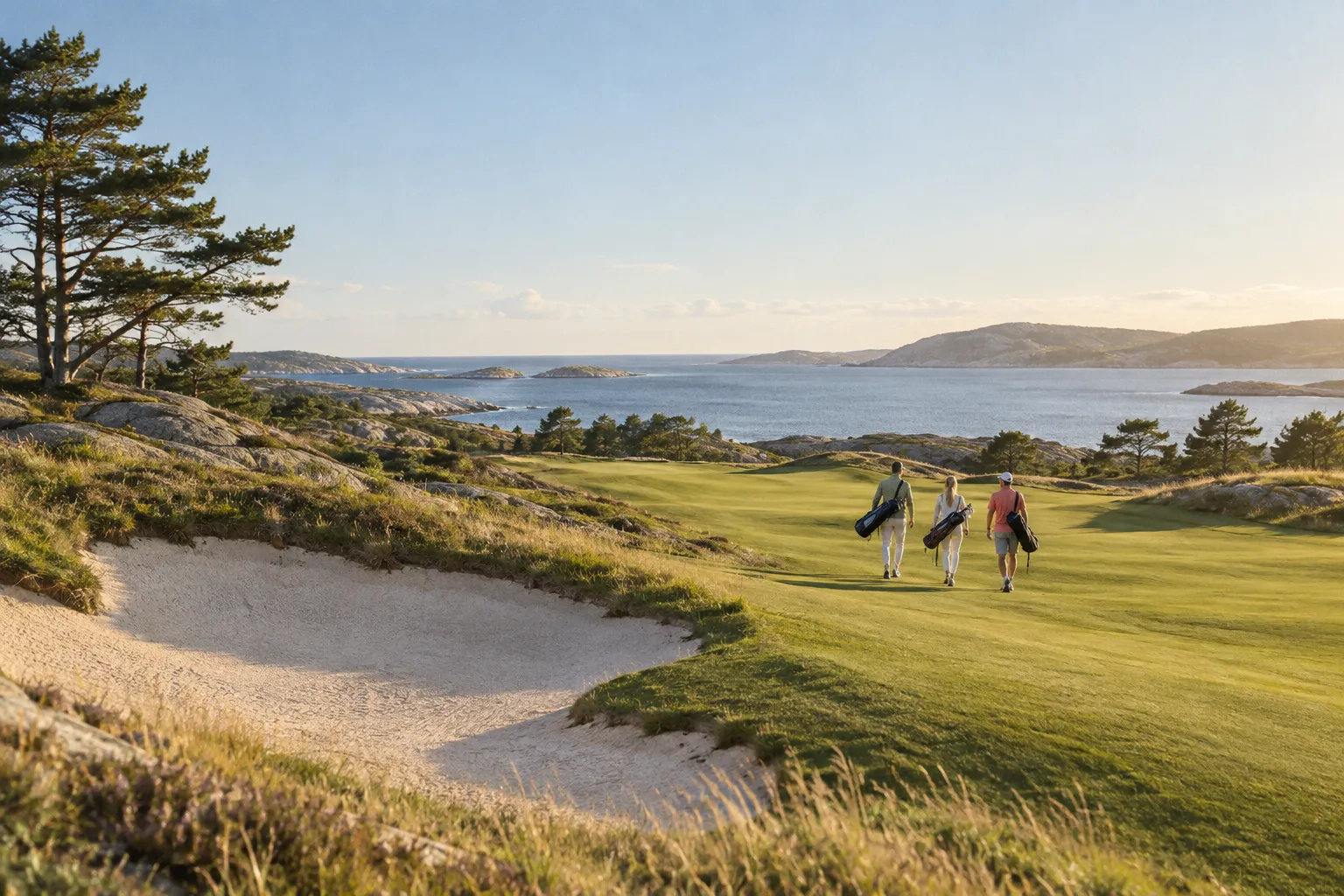 Tre golfare går längs en linksbana vid havet, förbi en bunker