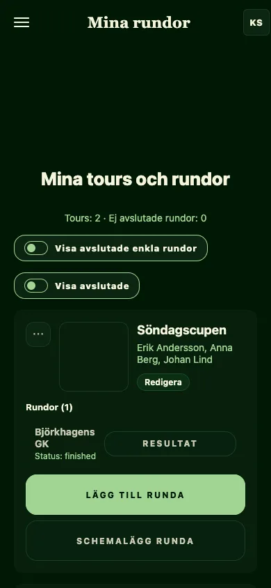 Skärmbild av Goffy-appens tourvy, med en tour och dess ronder