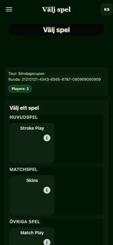 Skärmbild av Goffy-appens spelval, grupperat i huvudspel, matchspel och övriga spel